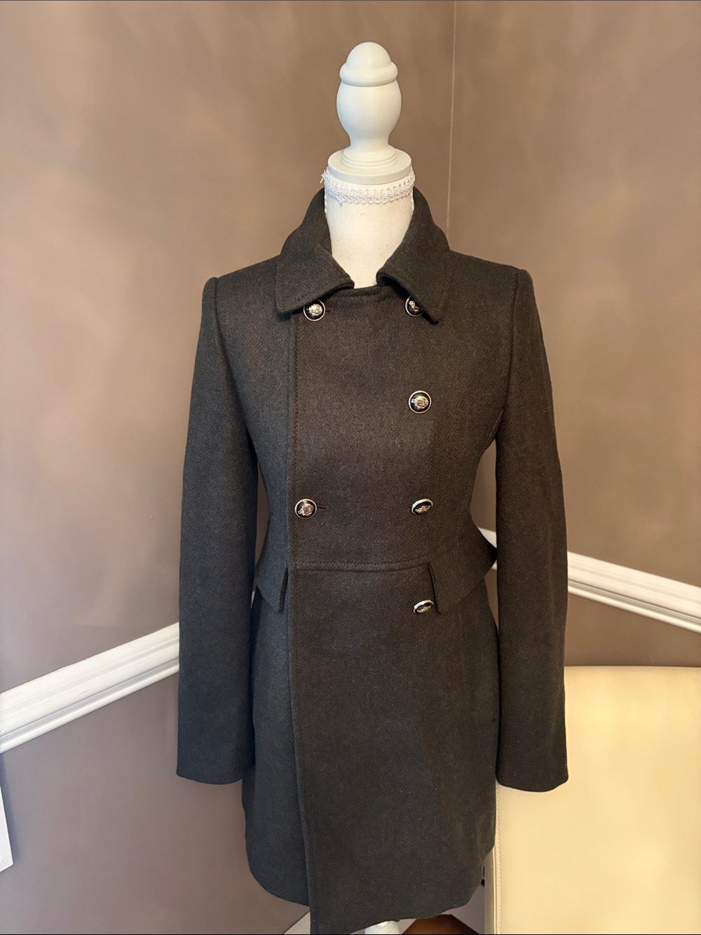 Womens Double-Breasted Wool Blend Dark Green/ Gray Coat